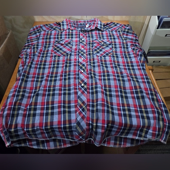 Wrangler Other - Wrangler Western Plaid Snap Button Shirt Men's XL X-Long Tails Red Blue Yellow